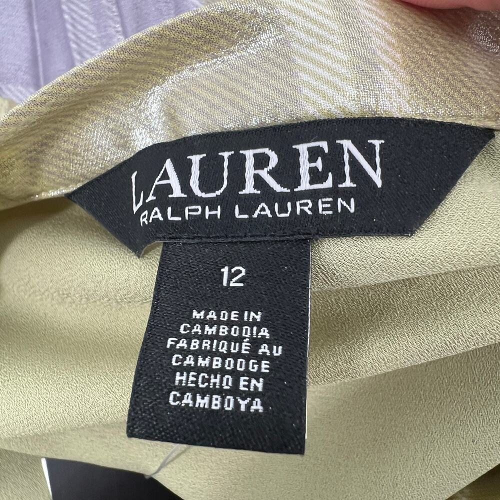 Lauren Ralph Lauren Checked Plaid Pleated Georgette Skirt 12 Green Metallic NEW - Picture 6 of 11